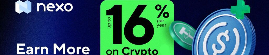 Nexo banner som annonserer opp til 16% rente på krypto innskudd