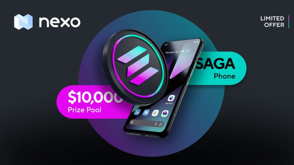 Nexo logo med glitrende bakgrunn og bilde av Saga telefonen