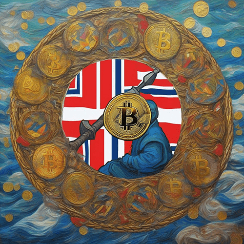 Norsk viking med Bitcoin-skjold foran krypto-symboler.