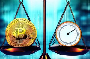 En vekt som balanserer en gull Bitcoin med et stoppur