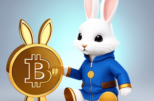 Kaninunge i klasserom peker på Bitcoinsymbol, illustrerer krypto-læring.